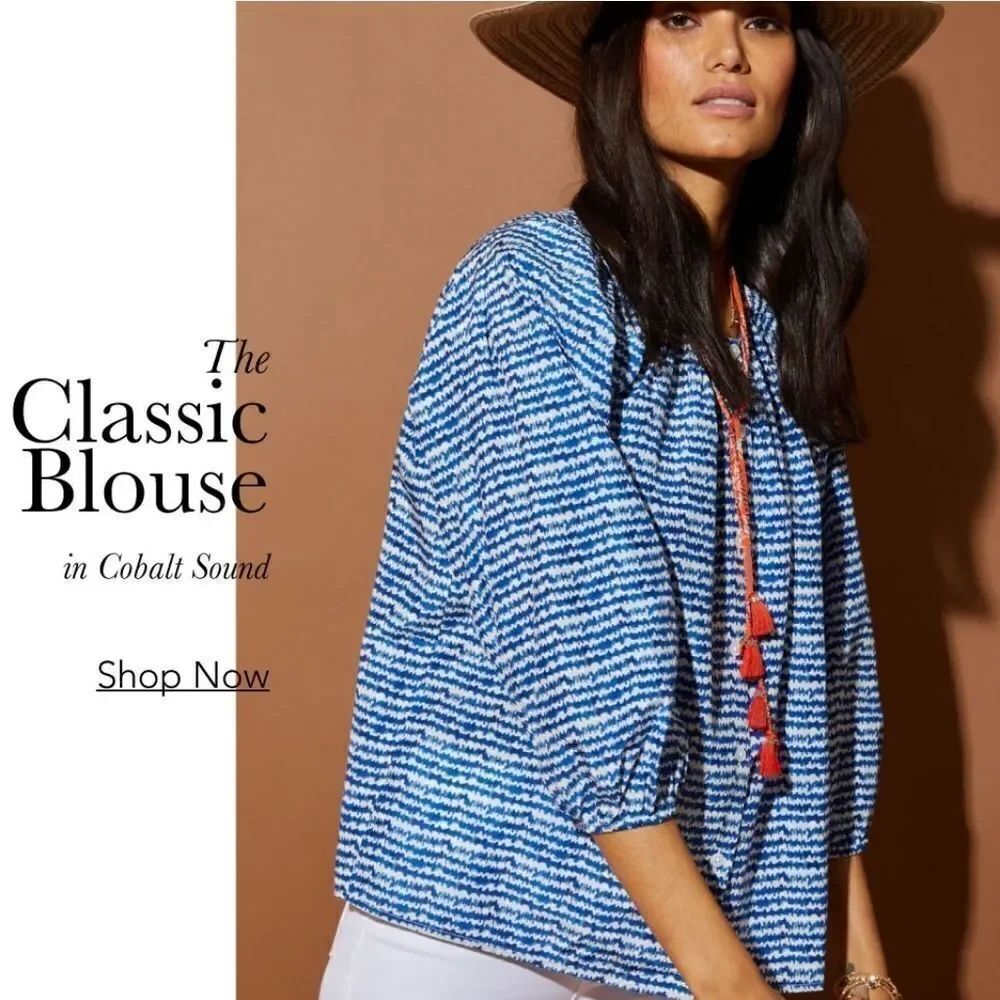 Tucker The Classic Blouse Cobalt Sound in Silk Cotton Striped Motif Blue White